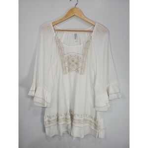 Monoreno White Cotton Gauze Embroidered Peasant Tunic Top Tiered Bell Sleeve M